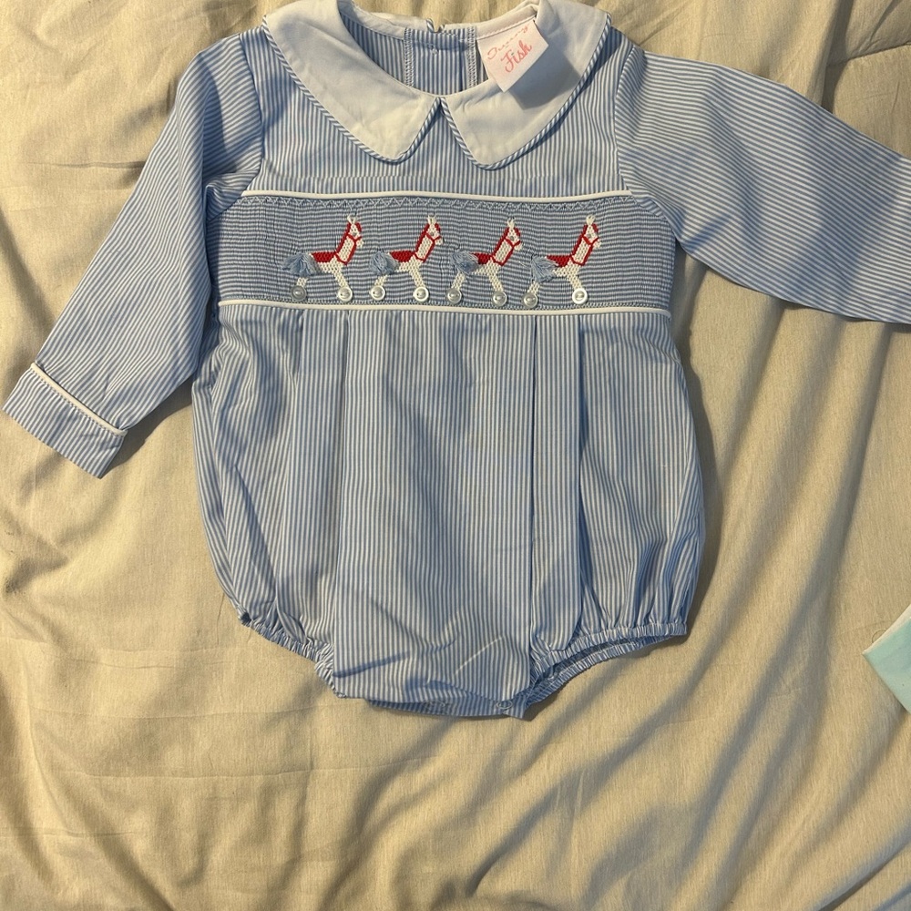 Blue Striped Baby Romper with Red Accents